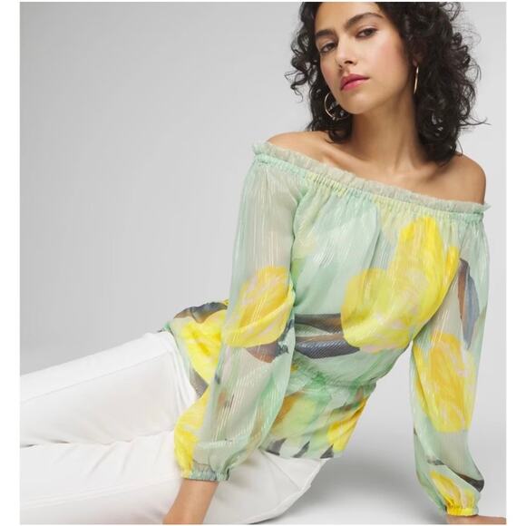 White House Black Market Tops - White Houses Black Market Off Shoulder Blouse Size XS Boho Fairy Yellow Teal